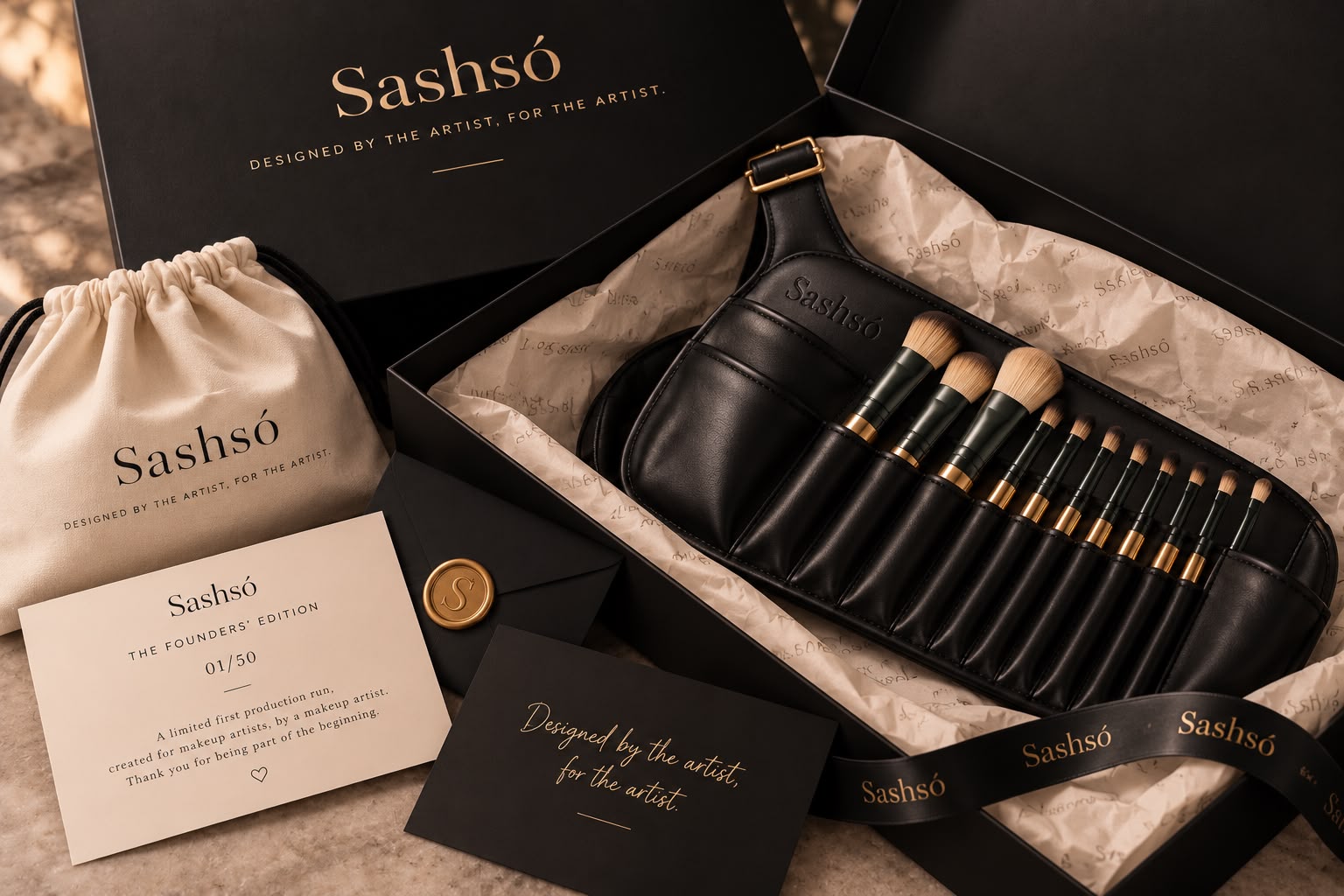 The Sashs&oacute; belt in its black and gold Founders' Edition box, with a numbered 01/50 card